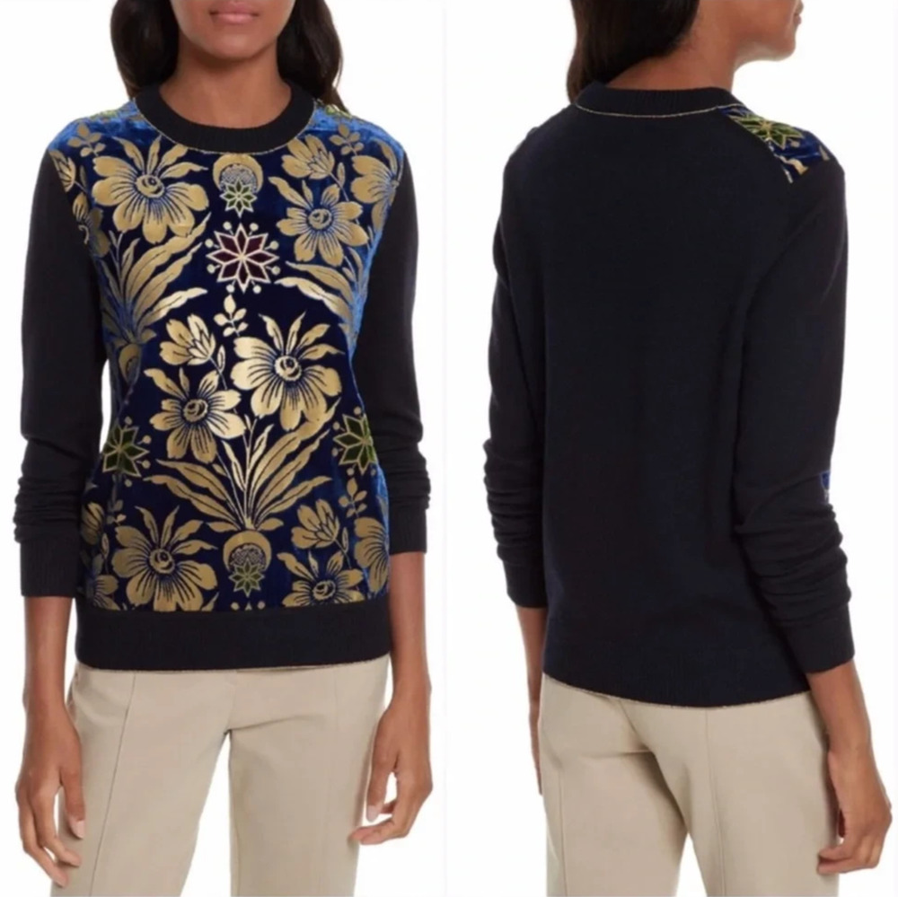 Tory Burch Hollis Floral Foil Print Velvet Front Navy Crewneck Sweater Pullover